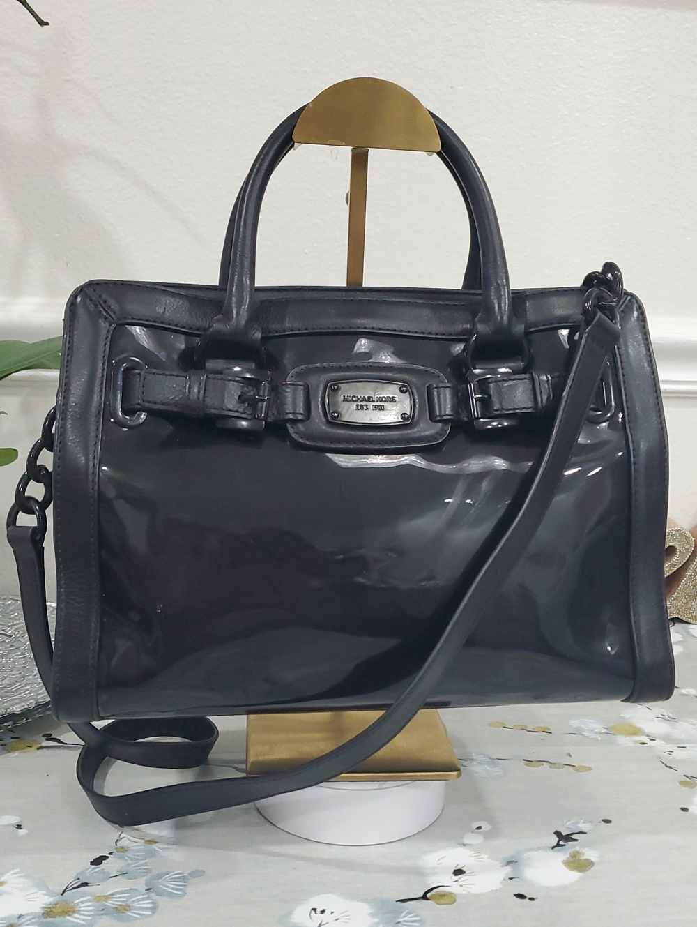 Michael Kors Hamilton Frame Out Black Patent Leather Satchel Bag